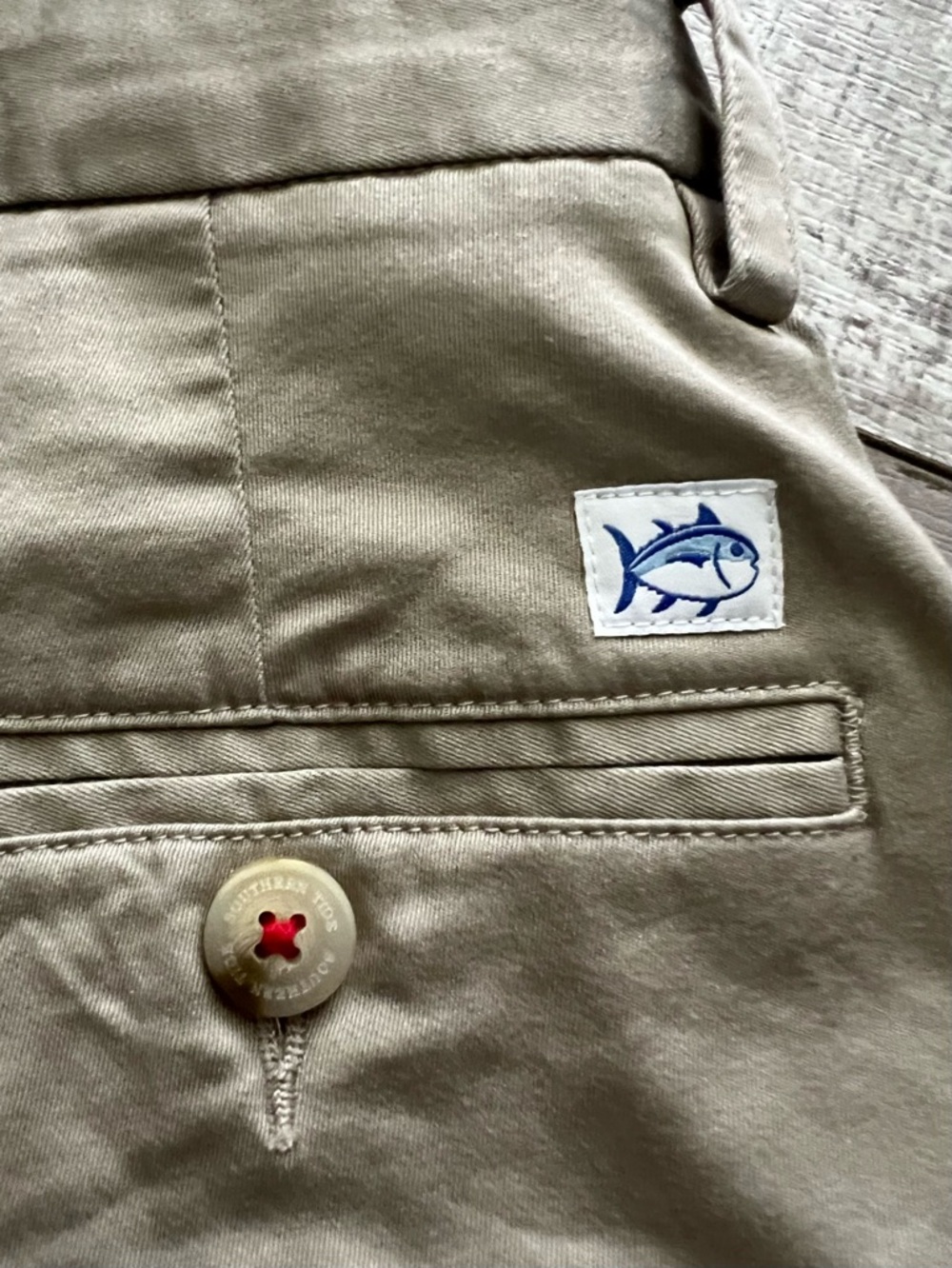 Khaki Shorts with Blue Fish Patch